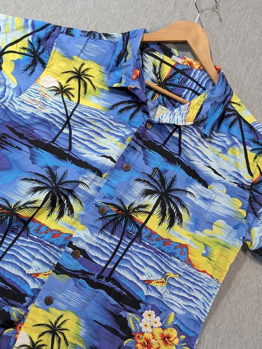 Vintage Palmwave Hawaii Button Shirt Men's Large Blue Floral Trees
